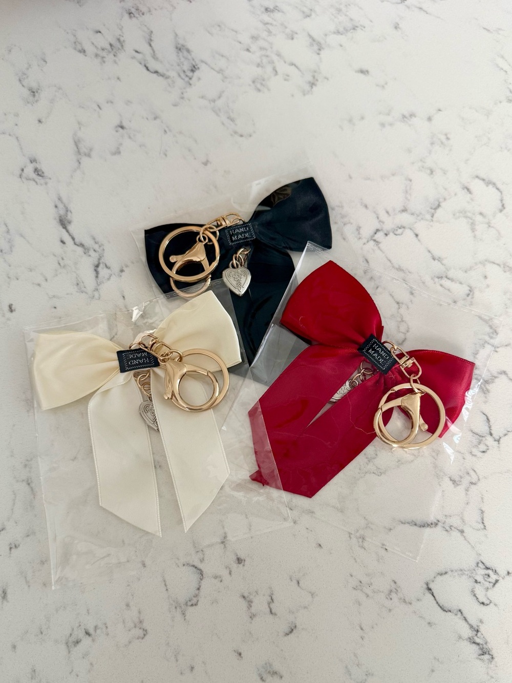 3 Satin Bow Bag Charms or Keychains with Heart Charm - Black, Cream, Red